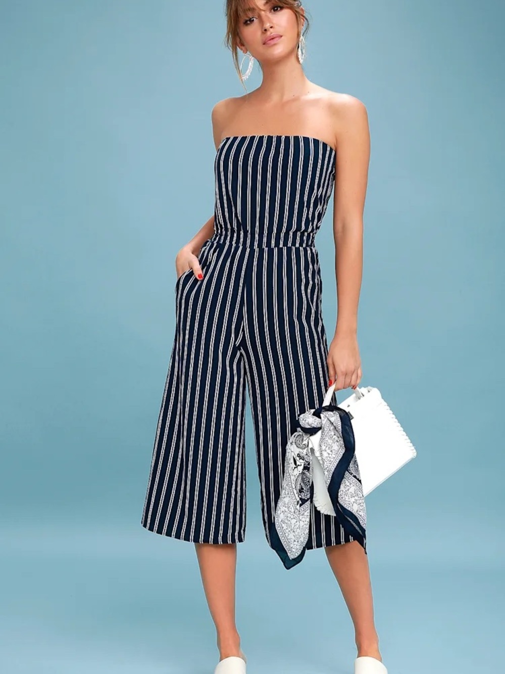 Lulu's Navy & White Strapless Vertical-Stripe Wide-Leg Jumpsuit